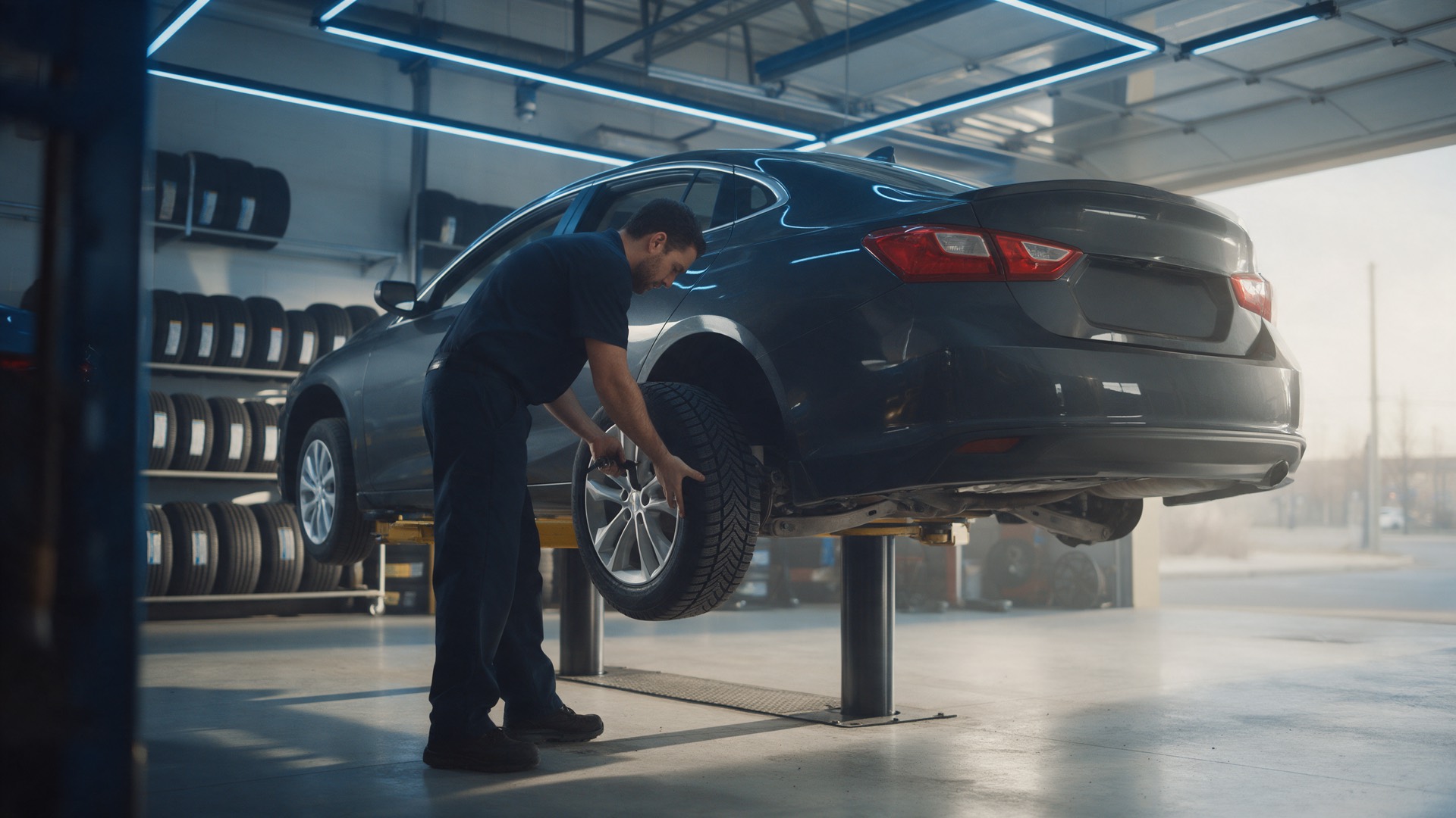 A mechanic fitting a wheel on a car raised on a lift, with racks of tires behind