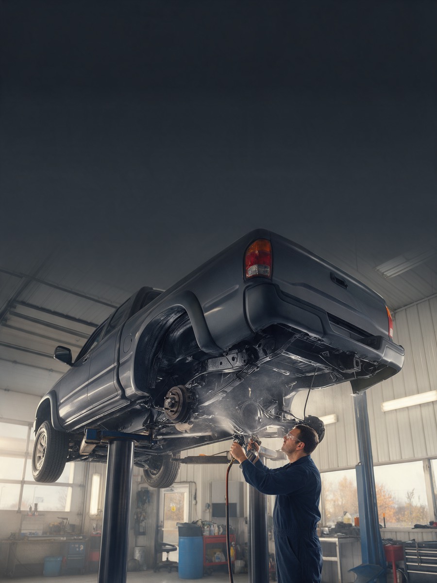 A mechanic spraying a protective coating on the underbody of a truck raised on a lift